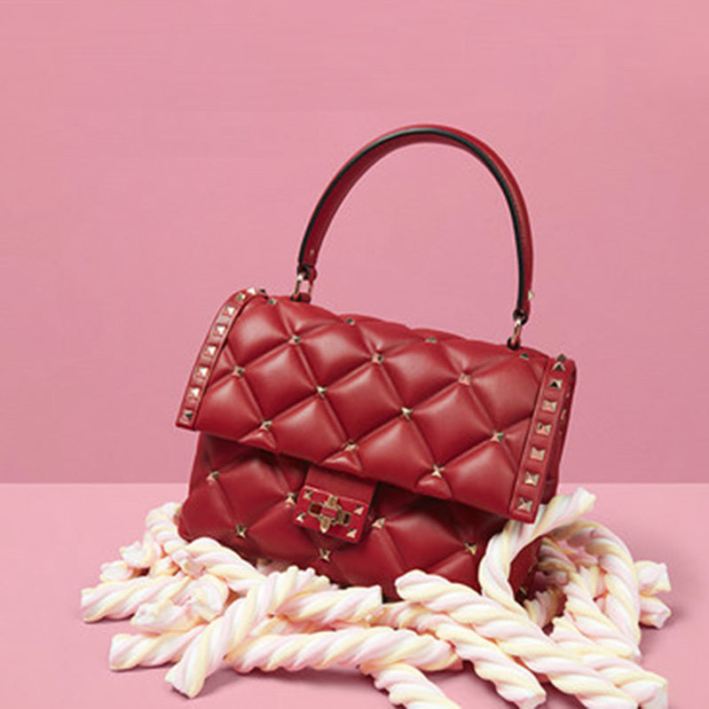 Glam Leather Handbag with Rivet Diamond Embellishments