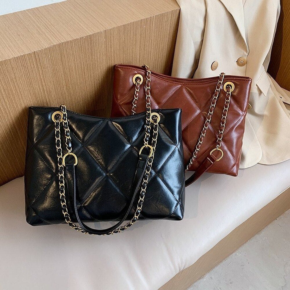 Trendy Oversized Shoulder Bag with Gold Chain Accent