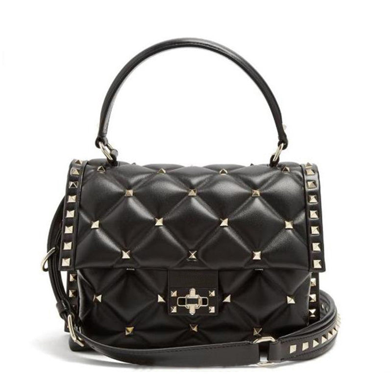 Glam Leather Handbag with Rivet Diamond Embellishments
