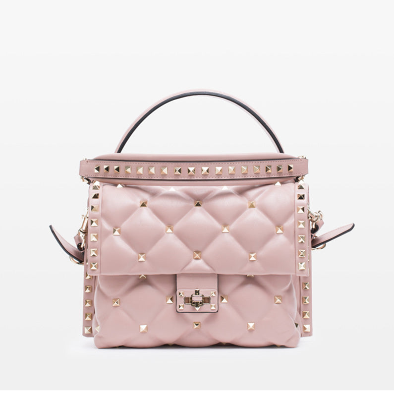 Glam Leather Handbag with Rivet Diamond Embellishments