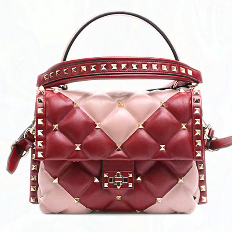 Glam Leather Handbag with Rivet Diamond Embellishments