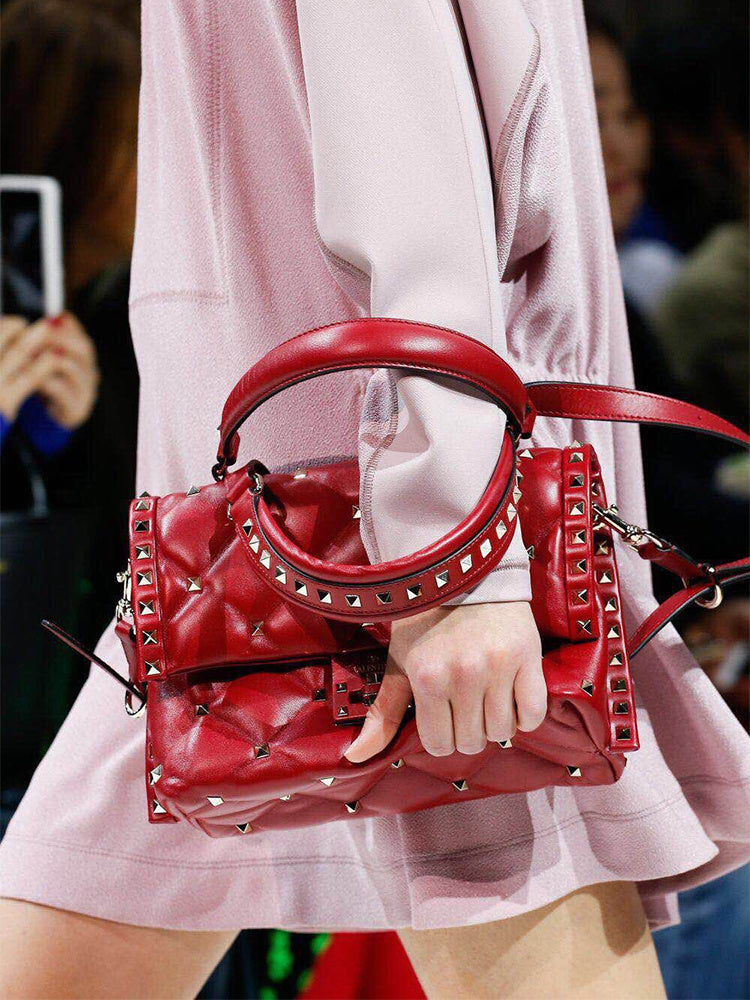 Glam Leather Handbag with Rivet Diamond Embellishments
