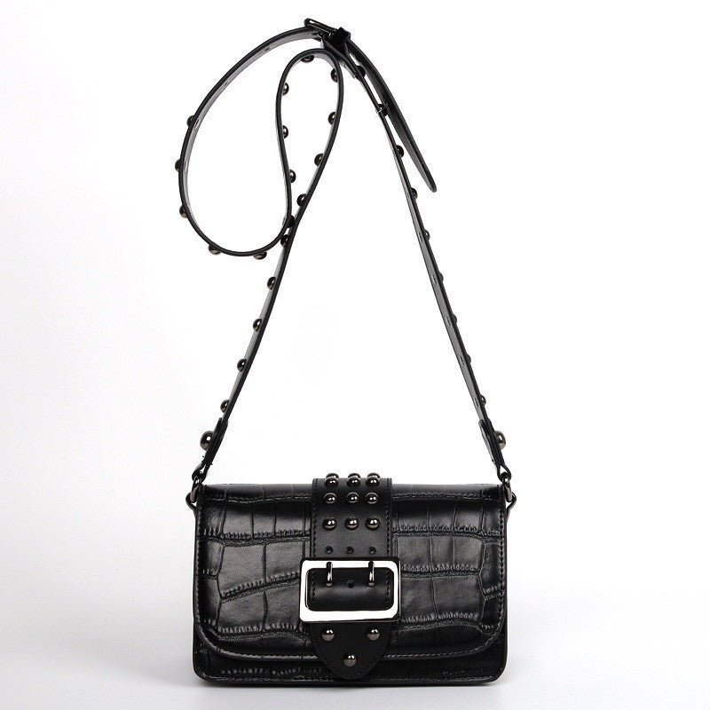 Genuine Leather Small Square Bag – Embossed, Rivet Buckle Trend