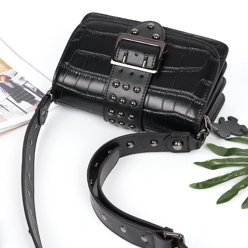 Genuine Leather Small Square Bag – Embossed, Rivet Buckle Trend
