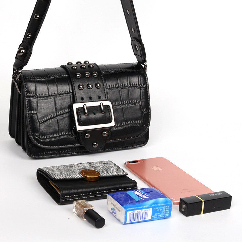 Genuine Leather Small Square Bag – Embossed, Rivet Buckle Trend