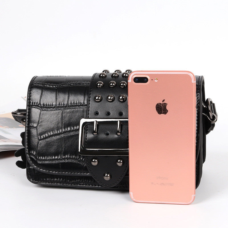 Genuine Leather Small Square Bag – Embossed, Rivet Buckle Trend