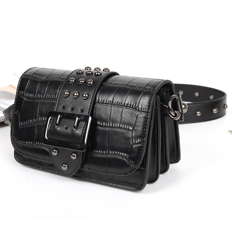 Genuine Leather Small Square Bag – Embossed, Rivet Buckle Trend