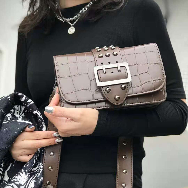 Genuine Leather Small Square Bag – Embossed, Rivet Buckle Trend