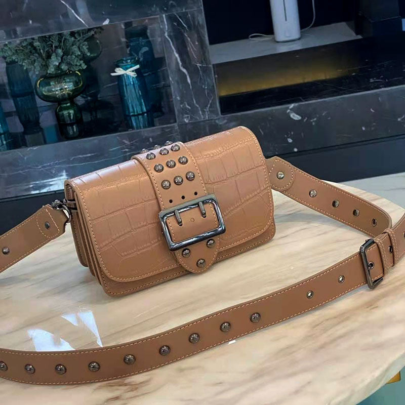 Genuine Leather Small Square Bag – Embossed, Rivet Buckle Trend