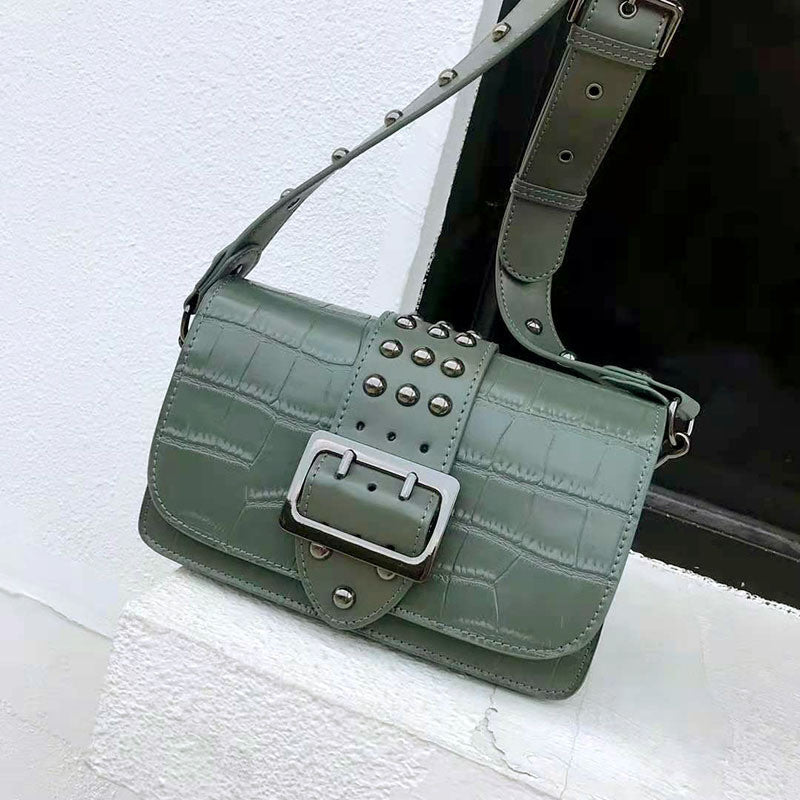 Genuine Leather Small Square Bag – Embossed, Rivet Buckle Trend