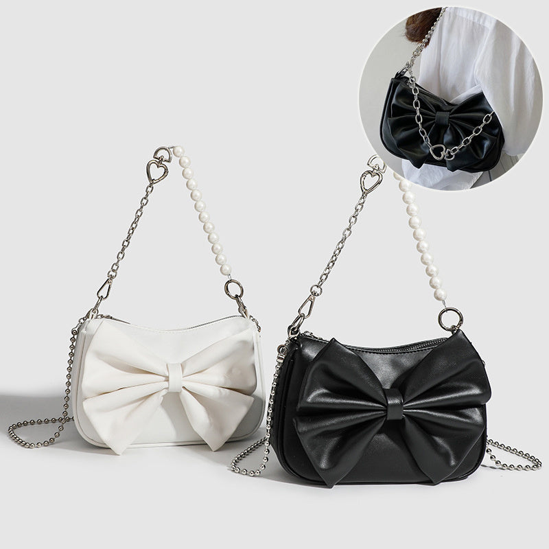 Fashionable PU Leather Bow Handbag – Women’s Pearl Chain Shoulder Bag for Autumn & Winter