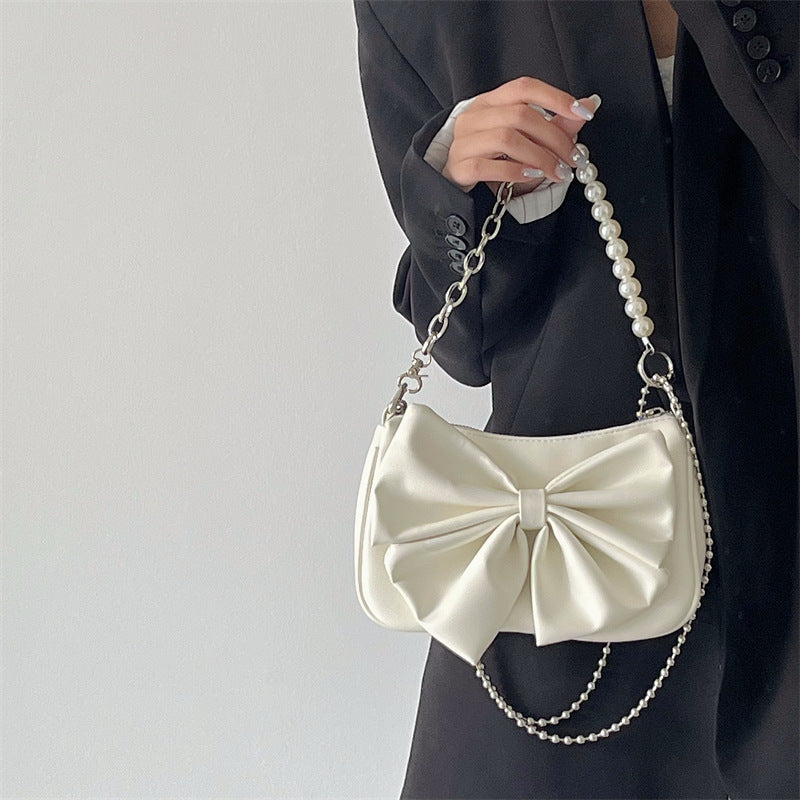 Fashionable PU Leather Bow Handbag – Women’s Pearl Chain Shoulder Bag for Autumn & Winter
