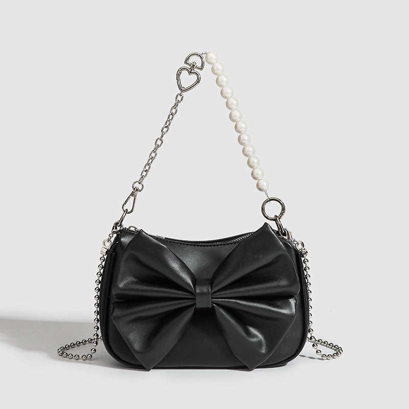 Fashionable PU Leather Bow Handbag – Women’s Pearl Chain Shoulder Bag for Autumn & Winter